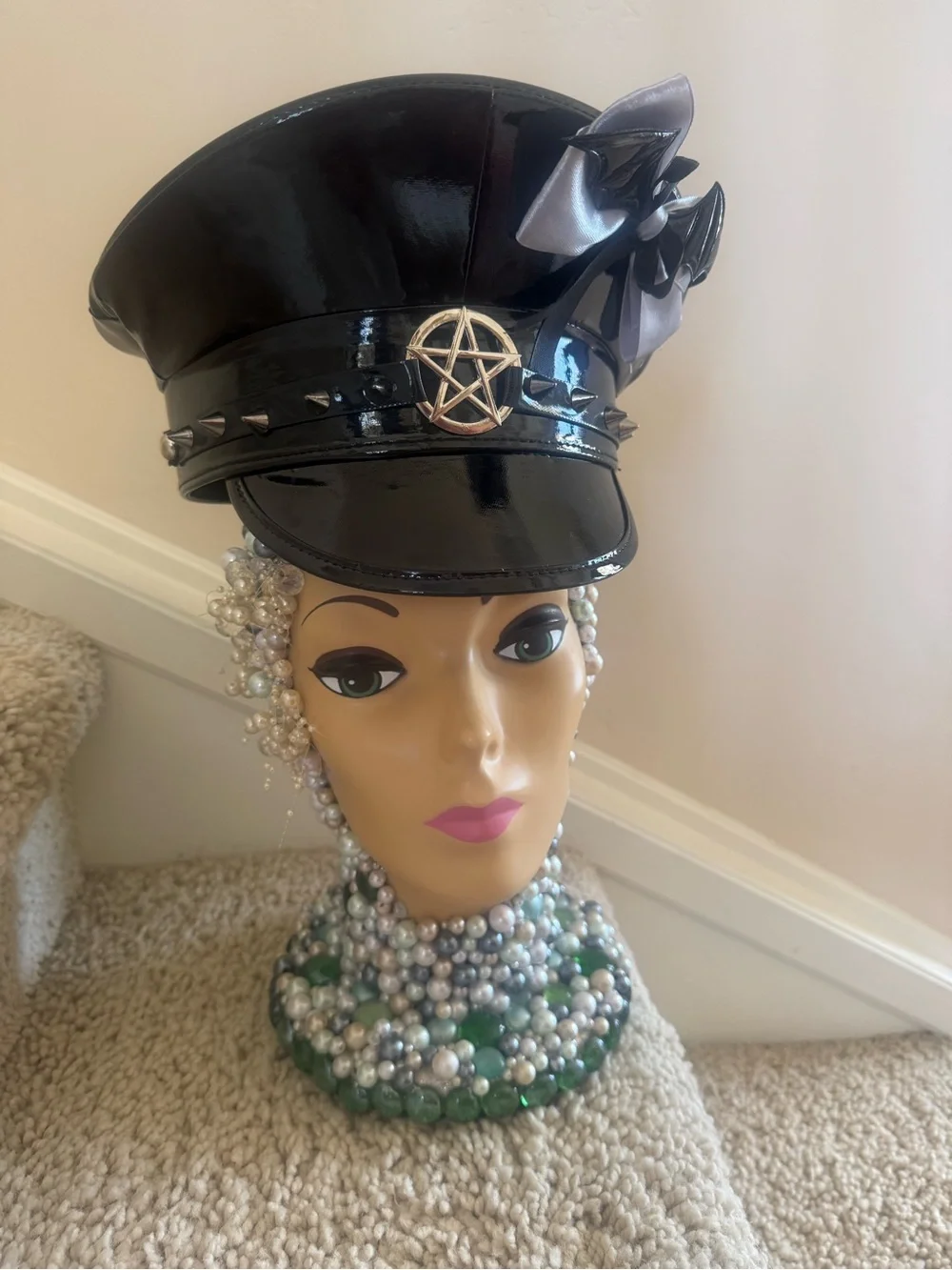 Black Patent Captain Hat with Silver Pentagram & Bat Bow